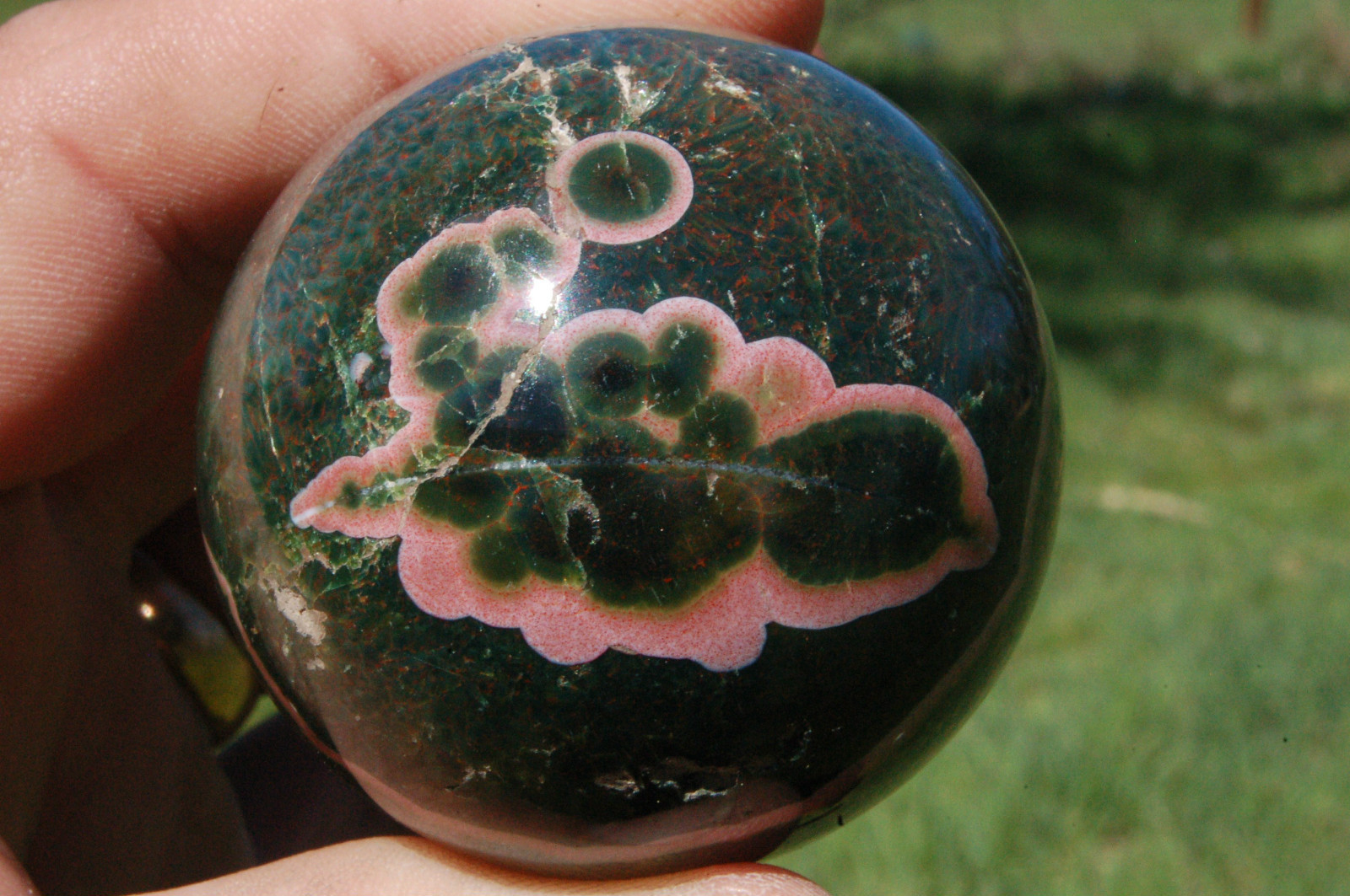 53 mm Pink and Green Jasper Sphere Crystal Ball Display Specimen with stand